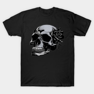 Spooky gothic black skull with a black rose T-Shirt